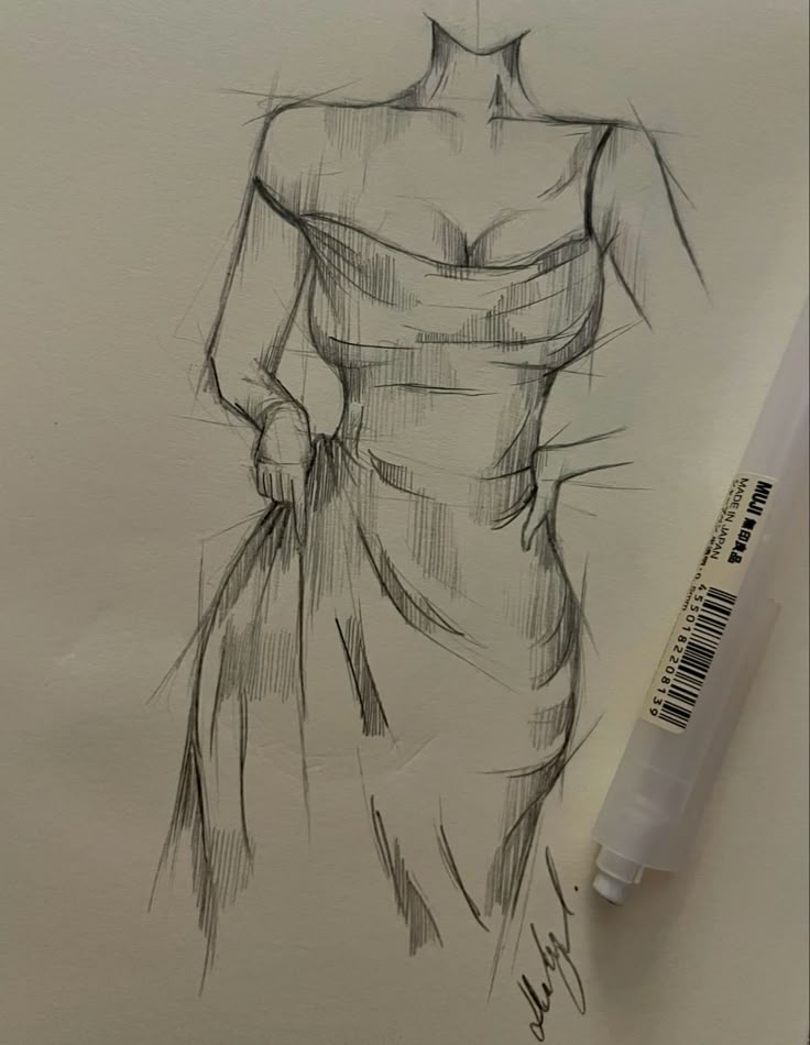 Sketch of a strapless dress design on a female figure, accompanied by a pen, emphasizing artistic fashion creativity.