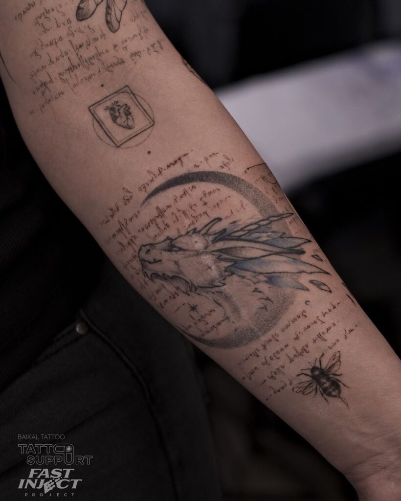 d5d405f0ed9918e8825ab461e479543b Arm tattoo showcasing a dragon, heart sketch, bee, and handwritten script. Artistic and detailed black ink design on skin. | Sky Rye Design Arm tattoo showcasing a dragon, heart sketch, bee, and handwritten script. Artistic and detailed black ink design on skin.