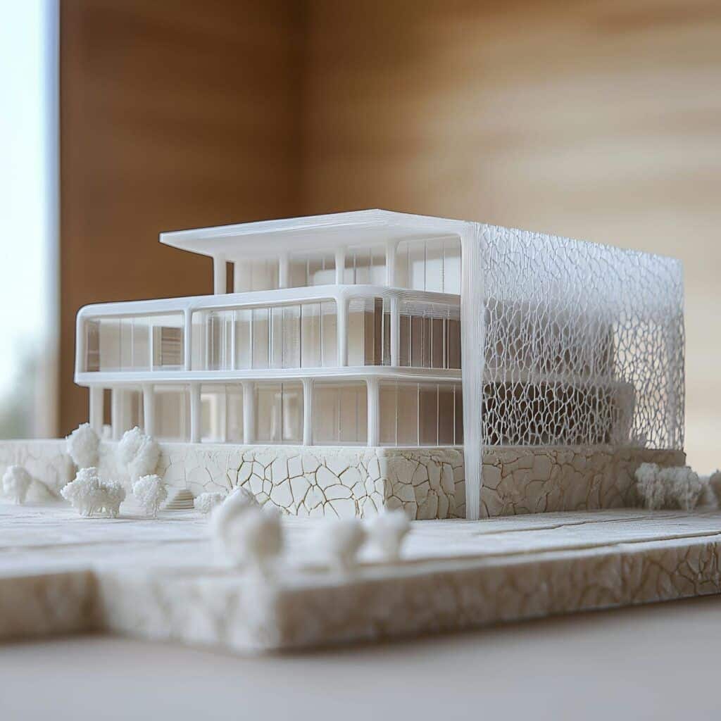 3D Printed Digital 3D Model Architectural scale model of a modern building with glass facade and intricate lattice design. | Sky Rye Design Architectural scale model of a modern building with glass facade and intricate lattice design.