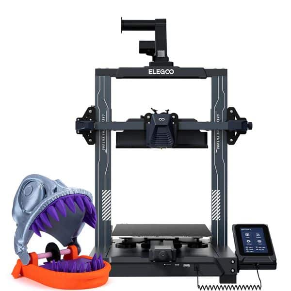 3D printer with control panel and printed dinosaur head model showcasing precise production capabilities.