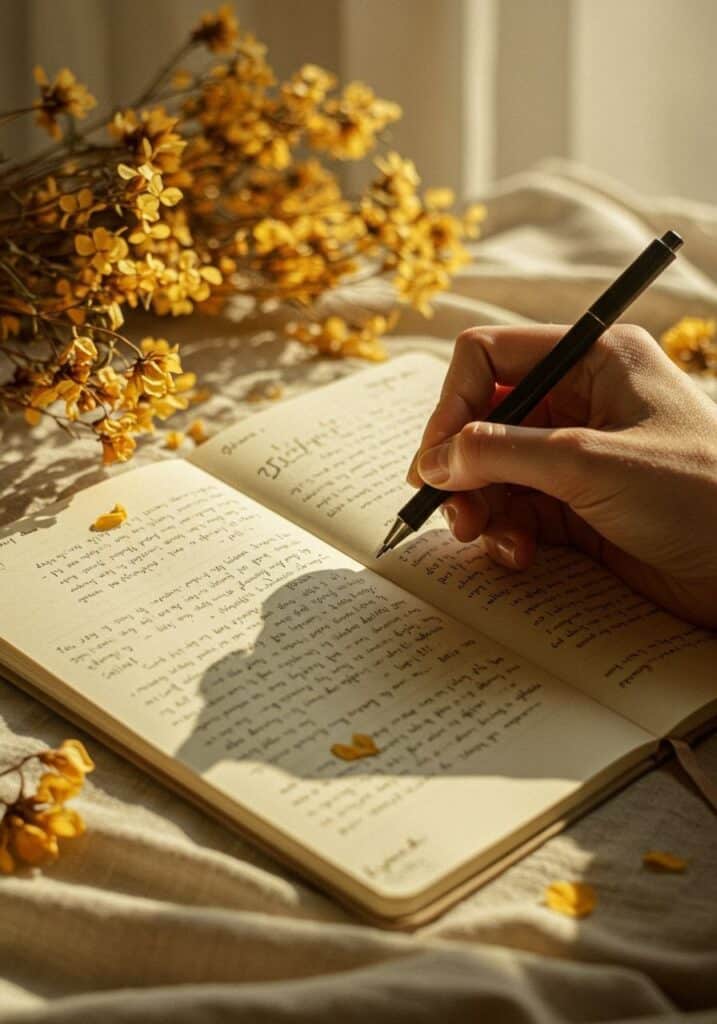 d83c5b0a67203595092a22c09b67887b Handwriting in a journal with a pen, surrounded by dried yellow flowers, capturing a warm and cozy atmosphere in natural light. | Sky Rye Design Handwriting in a journal with a pen, surrounded by dried yellow flowers, capturing a warm and cozy atmosphere in natural light.