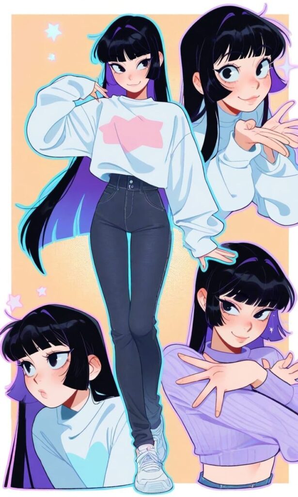 d86edd2d-faeb-478c-978d-3124284f3f43 Anime girl posing in various cute, stylish outfits and expressions, featuring long black hair, pastel colors, and dynamic poses. | Sky Rye Design Anime girl posing in various cute, stylish outfits and expressions, featuring long black hair, pastel colors, and dynamic poses.