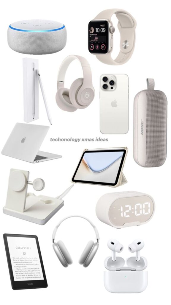 dac02446-de4a-4c9d-b97c-b50524f99950 Christmas technology gift ideas featuring smart speakers, smartwatches, headphones, smartphones, and tablets in a festive collection. | Sky Rye Design Christmas technology gift ideas featuring smart speakers, smartwatches, headphones, smartphones, and tablets in a festive collection.