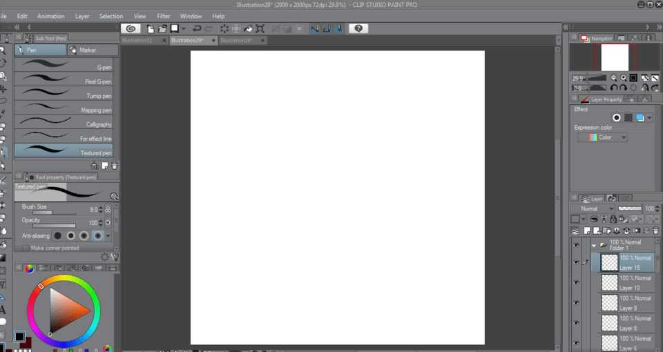 Screenshot of Clip Studio Paint interface showing a blank canvas, multiple layers, tool palettes, and color wheel for digital art creation.