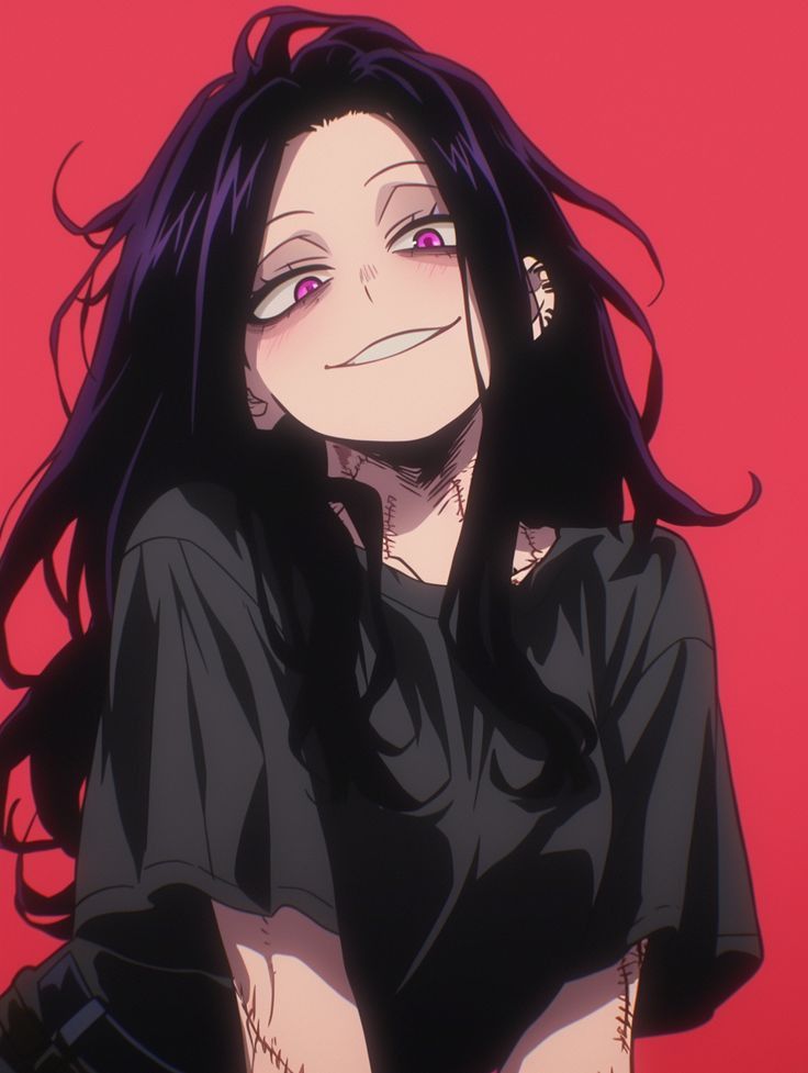 dd819de0-a8f6-4dbc-aeb2-8cc171d236f5 Anime character with long dark hair and purple eyes, wearing a black shirt, against a red background with a mischievous expression. | Sky Rye Design Anime character with long dark hair and purple eyes, wearing a black shirt, against a red background with a mischievous expression.