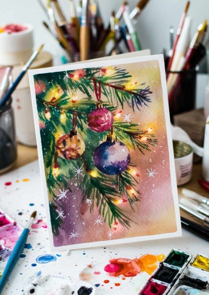 Watercolor Christmas card with a festive tree adorned with colorful ornaments, surrounded by art supplies on a creative workspace.