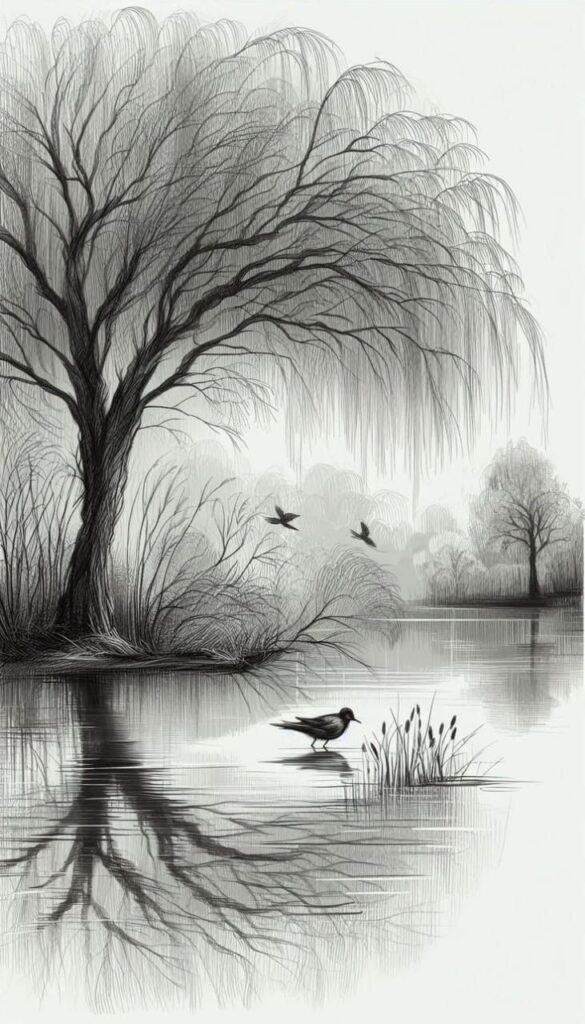 de942ef4c335e361e06331175dcbc756 Black and white illustration of a serene lake with willow trees, birds flying above, and a bird wading near the shore. | Sky Rye Design Black and white illustration of a serene lake with willow trees, birds flying above, and a bird wading near the shore.
