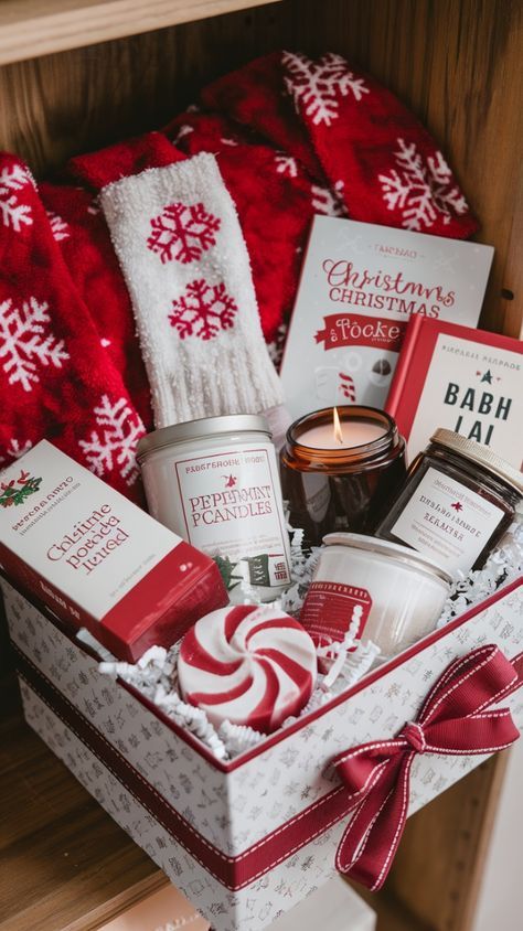 deacb5db-010a-4743-91f9-1ae0d6232bc1 Festive gift basket with candles, cozy socks, and holiday treats wrapped in a ribbon, perfect for Christmas celebrations and gifting. | Sky Rye Design Festive gift basket with candles, cozy socks, and holiday treats wrapped in a ribbon, perfect for Christmas celebrations and gifting.