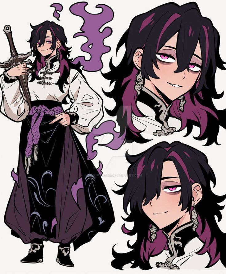 deaee368-e5a0-4e3f-a720-213f46790457 Anime character with long black and purple hair, wearing ornate clothing, holding a sword, with confident expressions in multiple poses. | Sky Rye Design Anime character with long black and purple hair, wearing ornate clothing, holding a sword, with confident expressions in multiple poses.