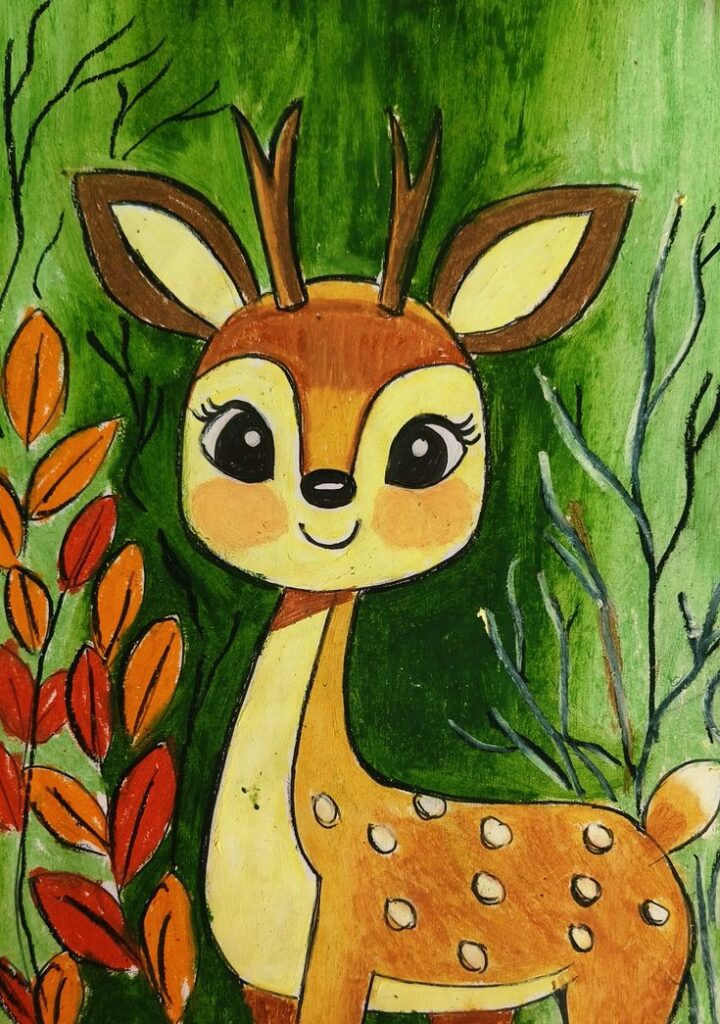 Cartoon deer illustration with big eyes and antlers, surrounded by colorful foliage on a green background. Perfect for kids' decor.
