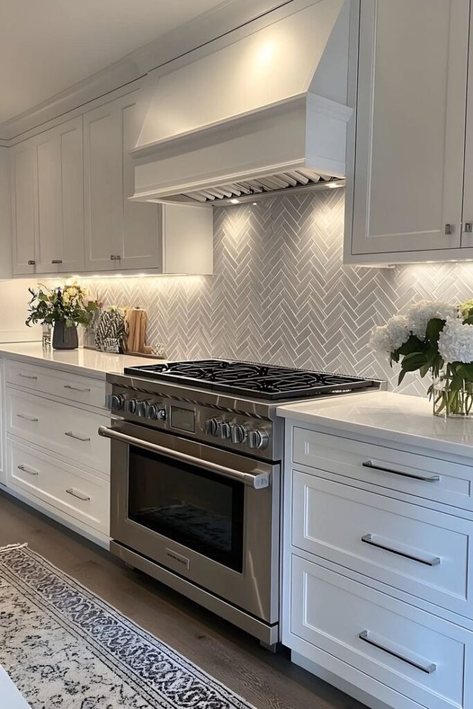 Modern kitchen with white cabinets, stainless steel oven, and herringbone backsplash. Elegant floral accents on counter.