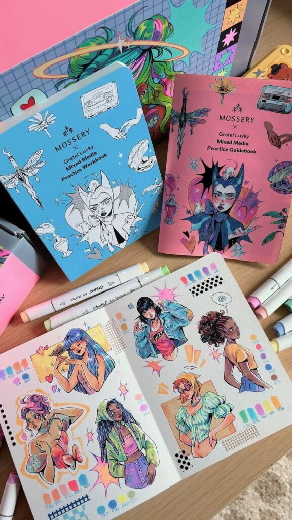 Colorful Mossery sketchbooks and vibrant art markers on a desk, showcasing anime-style illustrations and creative doodles.