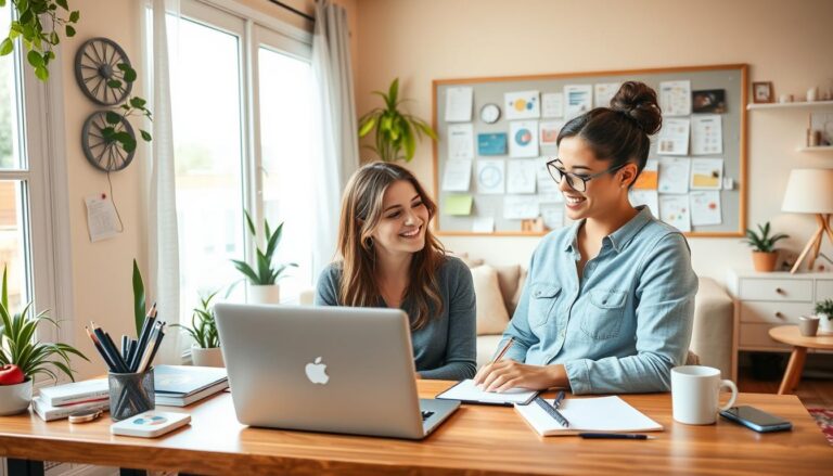 Two women collaborate on a project in a cozy home office, using a laptop and taking notes, surrounded by plants and a bulletin board.