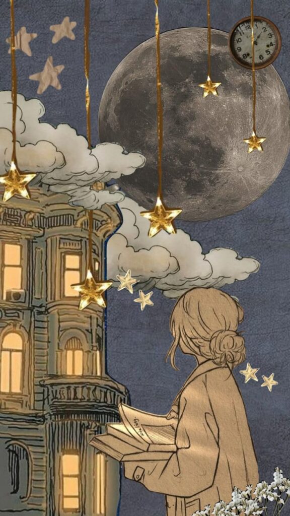Illustrated girl reading under stars and moon, with vintage cityscape and clock in background; dreamy and whimsical night scene.