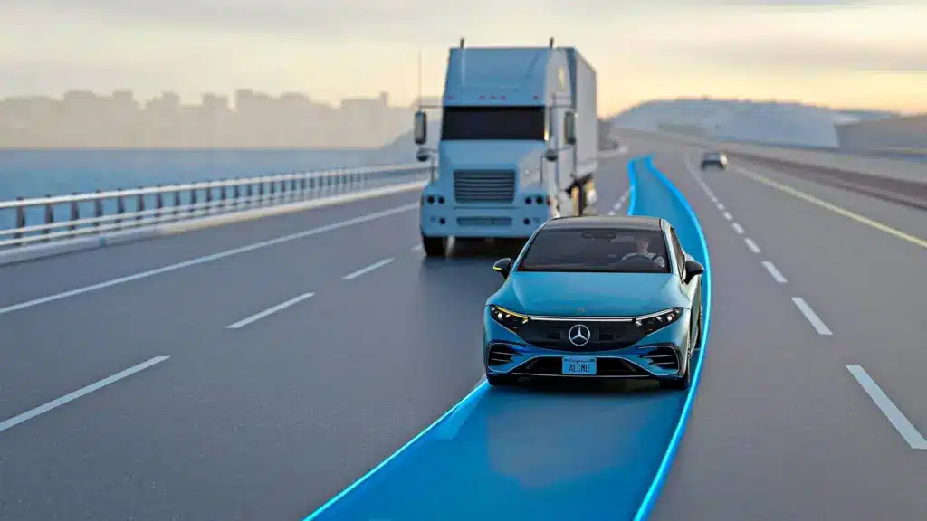 Electric car following an adaptive cruise control path on a highway, passing a truck, showcasing autonomous driving technology.