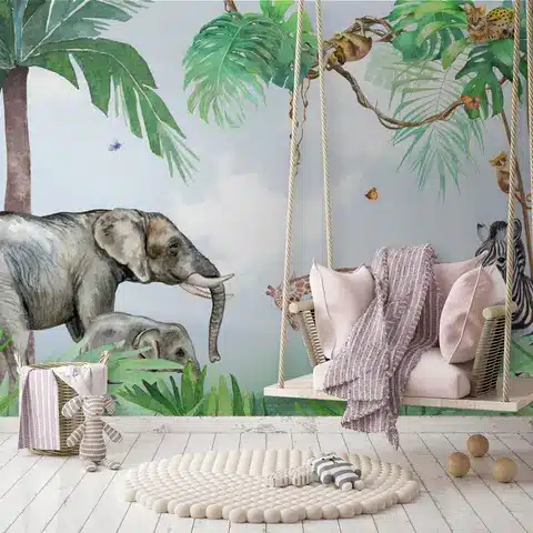 dt000103-1 Jungle-themed kids room with elephant mural, rope swing chair, and cozy decor. | Sky Rye Design Jungle-themed kids room with elephant mural, rope swing chair, and cozy decor.