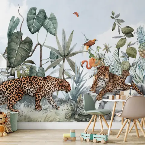dt000104_1_1 Whimsical jungle-themed kids' room with cheetah mural, tropical plants, and playful animal decor. | Sky Rye Design Whimsical jungle-themed kids' room with cheetah mural, tropical plants, and playful animal decor.