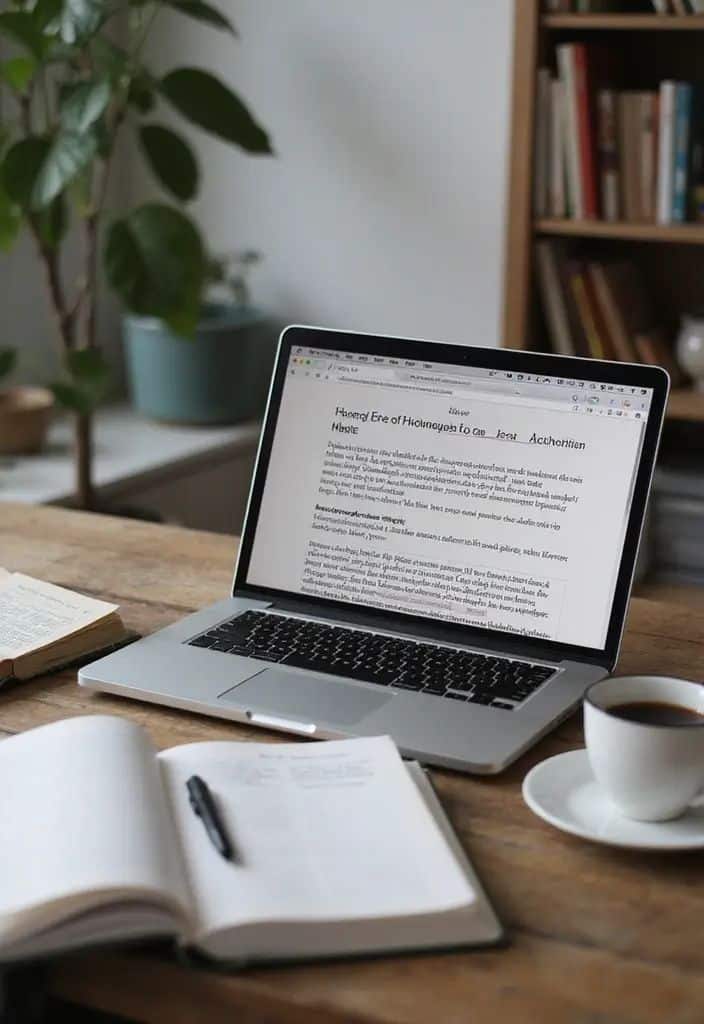 e03b03d6e47088ea088919bbb32ba98a Laptop with text open on desk surrounded by books, a notebook, and a coffee cup, suggesting a cozy workspace for reading and writing. | Sky Rye Design Laptop with text open on desk surrounded by books, a notebook, and a coffee cup, suggesting a cozy workspace for reading and writing.