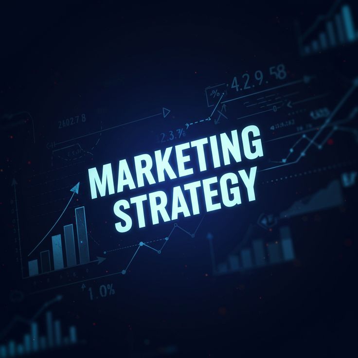 Marketing Strategy text on a digital background with charts and graphs, representing data-driven business planning and analysis.