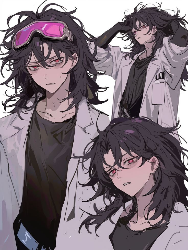 e2425f48-d1b3-4527-bb13-83422eac7a0f Anime character with black hair and red eyes wearing a white lab coat and goggles, featured in three different poses. | Sky Rye Design Anime character with black hair and red eyes wearing a white lab coat and goggles, featured in three different poses.