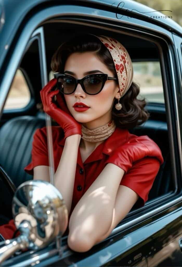 e43b0f6088a445dc7959bbc9486d5670 Stylish woman in vintage attire, red gloves, sunglasses, and a headscarf, sits confidently in a classic car, exuding retro elegance. | Sky Rye Design Stylish woman in vintage attire, red gloves, sunglasses, and a headscarf, sits confidently in a classic car, exuding retro elegance.