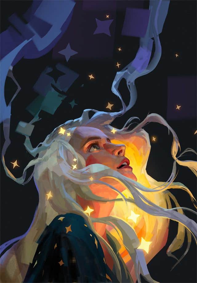 Illustration of a woman with flowing hair gazing up at glowing stars in a dark sky, surrounded by geometric shapes and vibrant colors.