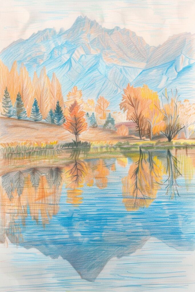 e71c8e9392bbd73fa5f9405ab85f2254 Colorful pencil drawing of autumn trees and mountains reflected in a serene lake. Scenic landscape art with vibrant fall foliage. | Sky Rye Design Colorful pencil drawing of autumn trees and mountains reflected in a serene lake. Scenic landscape art with vibrant fall foliage.