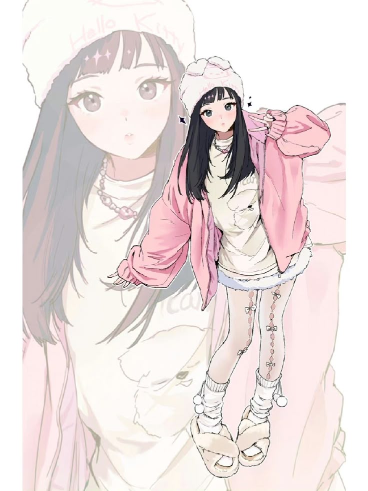 e842e9be-e8af-4198-b5b7-0f8ff1374e85 Anime girl in a pink jacket and hat with long black hair, wears a cute outfit and plush slippers, striking a playful pose. | Sky Rye Design Anime girl in a pink jacket and hat with long black hair, wears a cute outfit and plush slippers, striking a playful pose.