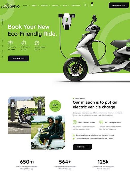 Eco-friendly electric scooter on website promoting sustainable rides with fast charging, 115 km range, and easy booking options.
