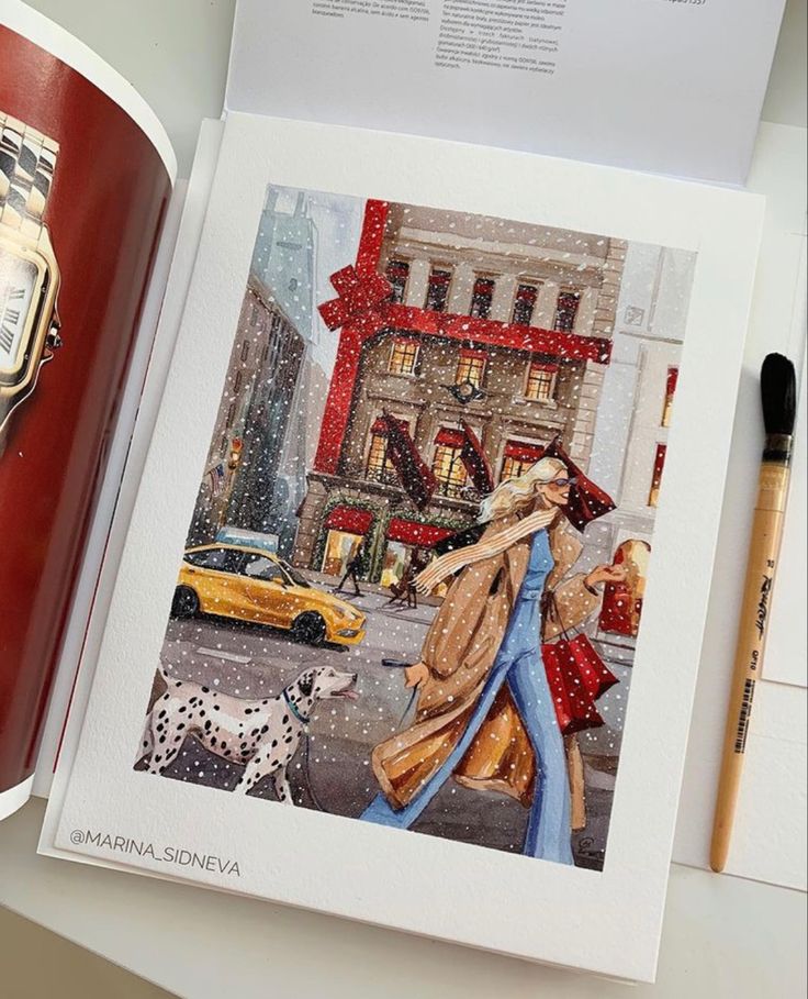 e9d4b7f7-2e3e-4aa0-9e47-33c95a7b26f0 Illustrated winter city scene with a woman in a coat walking a Dalmatian, snow falling, and a large red ribbon decorating a building. | Sky Rye Design Illustrated winter city scene with a woman in a coat walking a Dalmatian, snow falling, and a large red ribbon decorating a building.