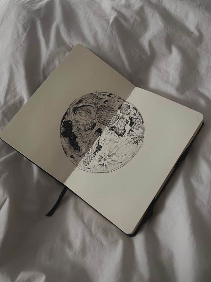 Open sketchbook on a bed displaying a detailed black ink drawing of a planet, blending artistic creativity with natural inspiration.