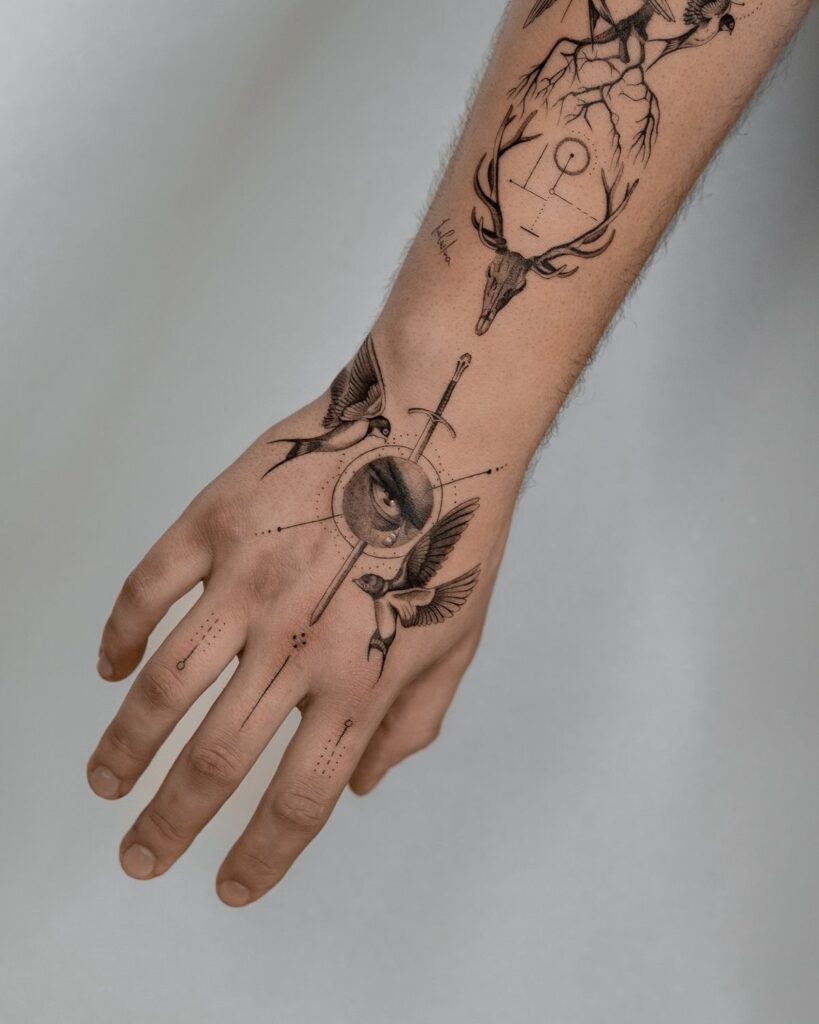 ebcc8988d52d79b7ace5f69c75424595 Intricate hand and forearm tattoos with birds, geometric designs, and a stag skull on a light background. | Sky Rye Design Intricate hand and forearm tattoos with birds, geometric designs, and a stag skull on a light background.