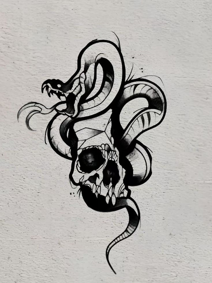 Tattoo design featuring a snake coiled around a skull, drawn in bold black ink on a textured background.