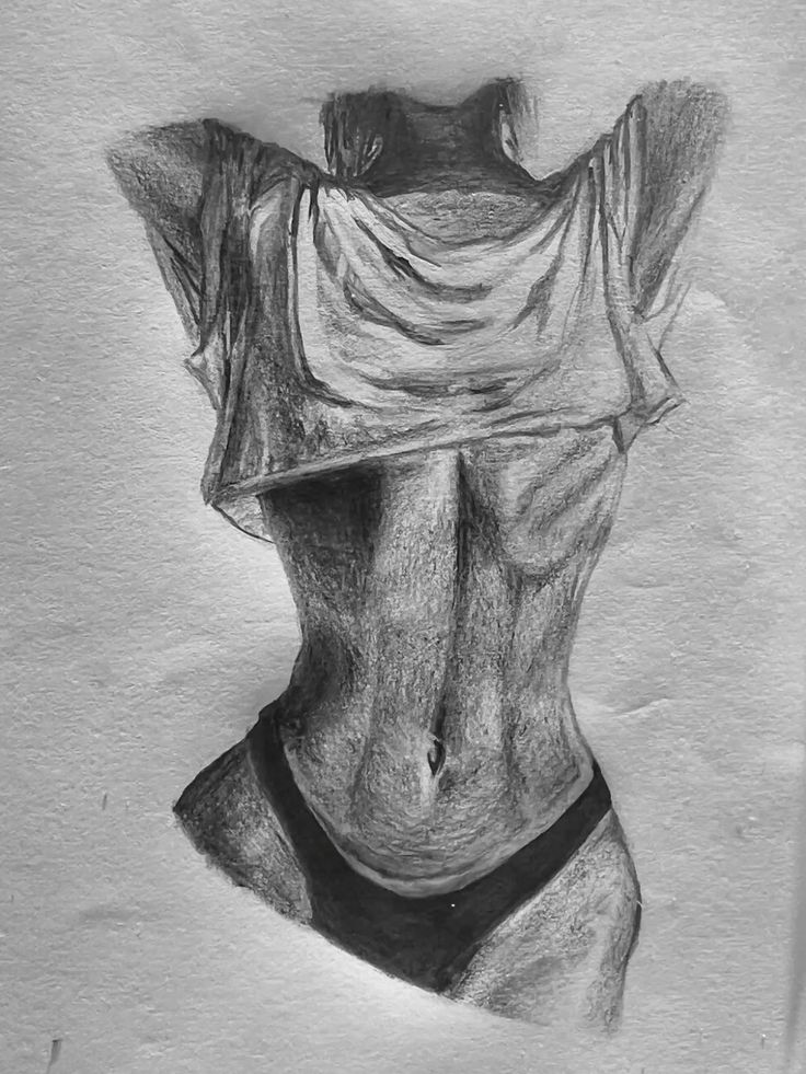 Black and white pencil drawing of a torso, wearing underwear and lifting a shirt, showcasing realistic shading and textures.