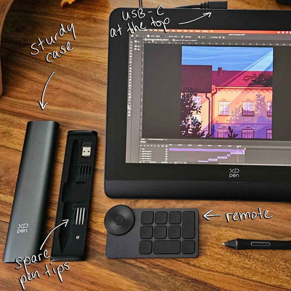 efd78eeca7015255a57cab58002f4278 Digital art station featuring a graphics tablet with a vibrant screen, remote control, pen, and accessories, perfect for creative work. | Sky Rye Design Digital art station featuring a graphics tablet with a vibrant screen, remote control, pen, and accessories, perfect for creative work.