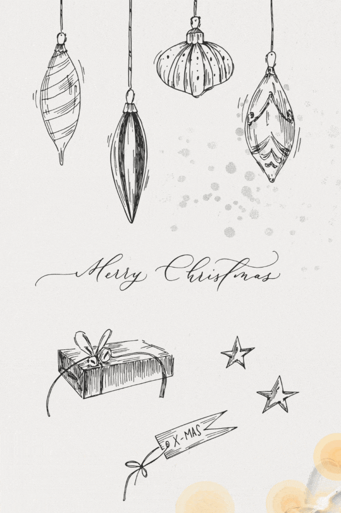 Hand-drawn Christmas ornaments, a gift box, and Merry Christmas message on textured background for a festive holiday greeting.