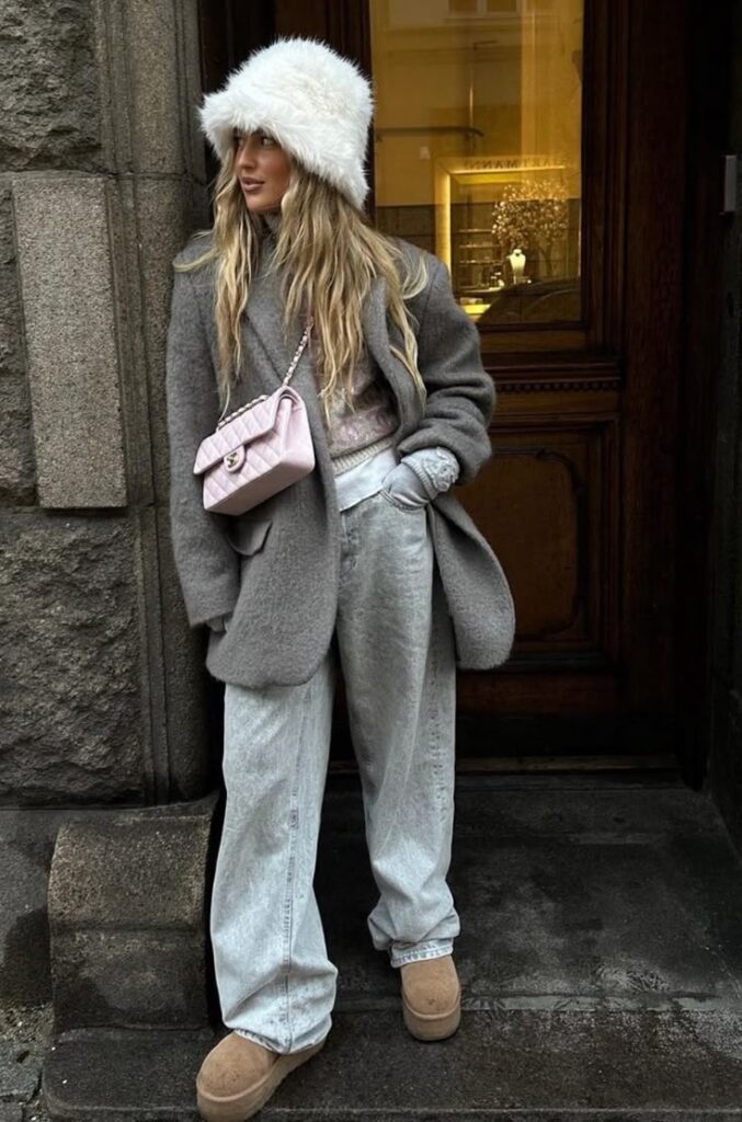 Woman in cozy winter outfit with fuzzy hat, gray coat, pink bag, and relaxed jeans, standing by a wooden door.