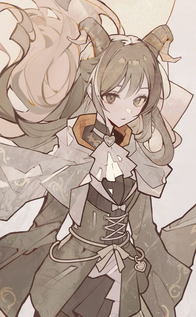 ena shinonome Anime character with brown horns wearing detailed fantasy attire, featuring intricate patterns and a heart-shaped ornament. | Sky Rye Design Anime character with brown horns wearing detailed fantasy attire, featuring intricate patterns and a heart-shaped ornament.