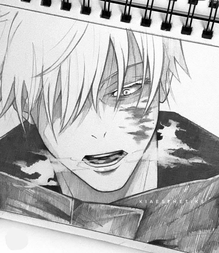 ergers Black and white anime sketch of a character with light hair and intense expression, drawn in a notebook. | Sky Rye Design Black and white anime sketch of a character with light hair and intense expression, drawn in a notebook.