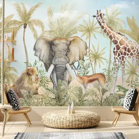 ey000023_moc1 Safari-themed room mural with elephant, giraffe, lion, and antelope, set against palm trees for a tropical vibe. | Sky Rye Design Safari-themed room mural with elephant, giraffe, lion, and antelope, set against palm trees for a tropical vibe.