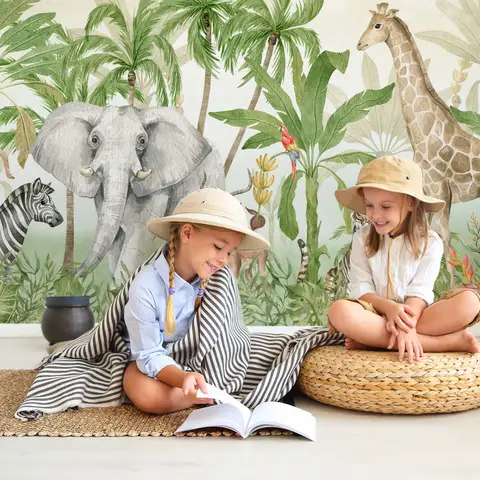 ey000051_moc1 Children reading in safari-themed room with jungle animals wallpaper, wearing explorer hats and smiling. | Sky Rye Design Children reading in safari-themed room with jungle animals wallpaper, wearing explorer hats and smiling.