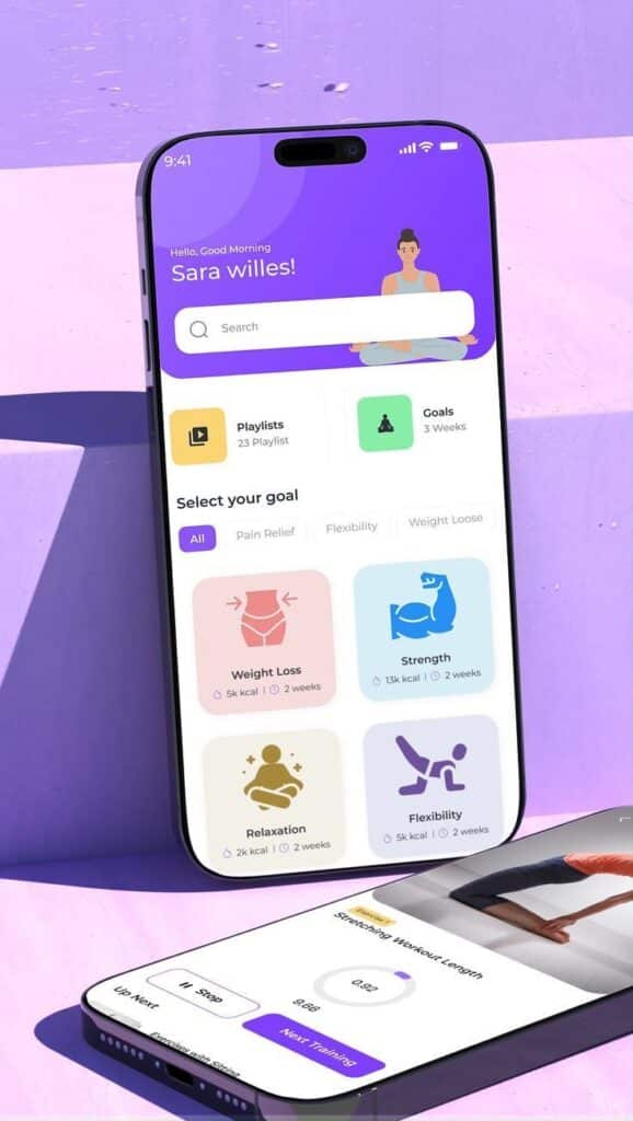 Fitness app interface on smartphone displaying workout goals and progress for weight loss, strength, relaxation, and flexibility.
