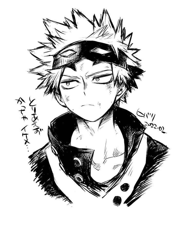 Black and white sketch of an intense anime character with spiky hair, wearing a high-collared jacket and goggles on the forehead.
