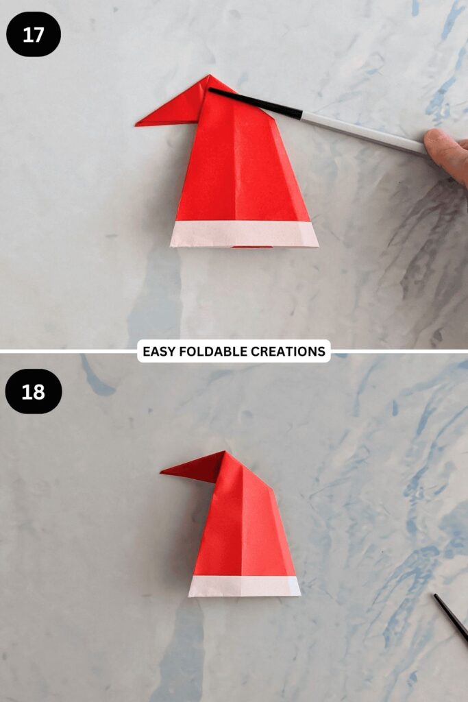 Step-by-step origami Santa hat with red and white paper on a light background, showing folding process and finished piece.