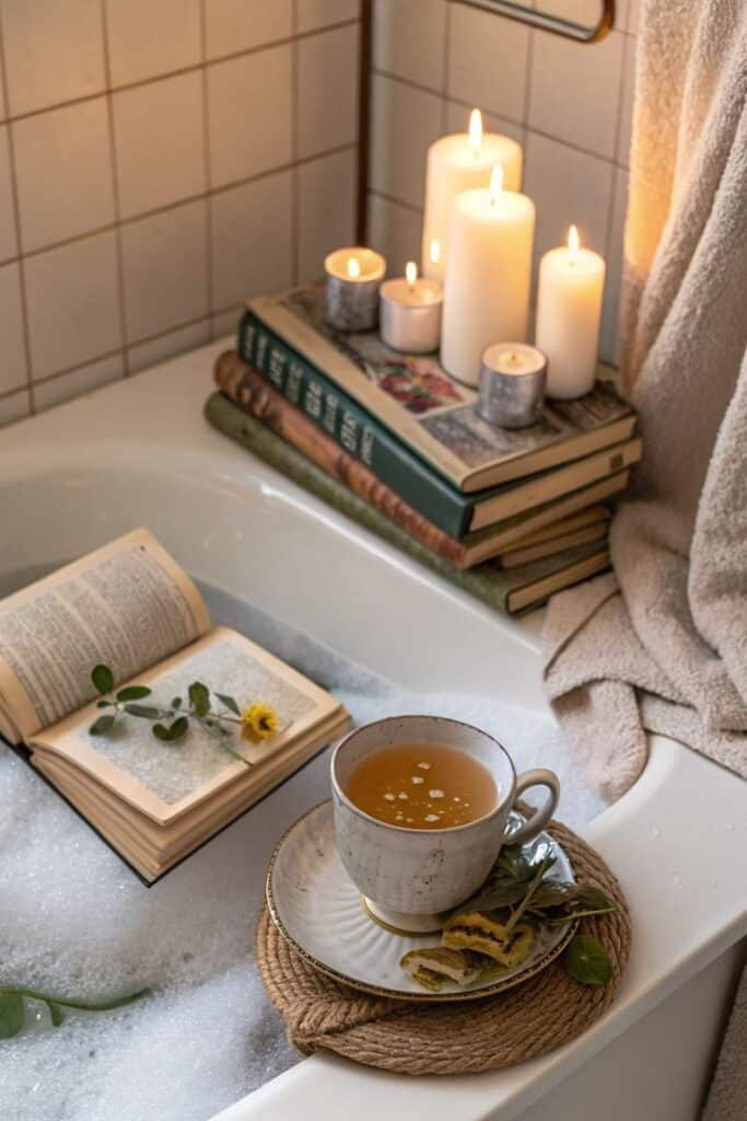 f0cf8638-1950-4698-84a9-b2facc8f3af8 Relaxing bathtub setup with bubbles, books, candles, open book with a flower, and a cup of tea with snacks. Cozy home spa ambiance. | Sky Rye Design Relaxing bathtub setup with bubbles, books, candles, open book with a flower, and a cup of tea with snacks. Cozy home spa ambiance.