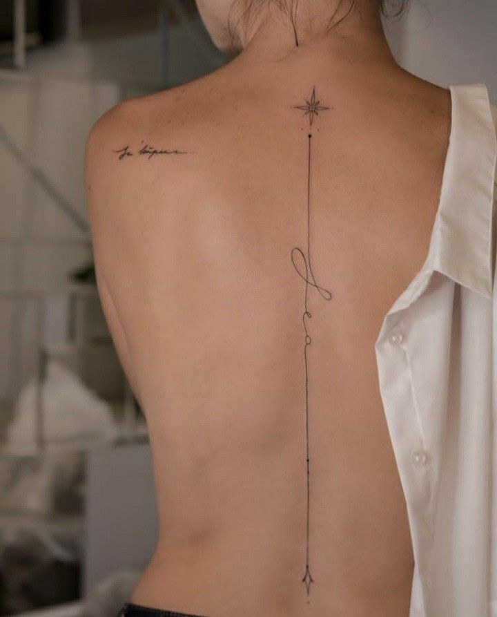 f25f9aac6152adfee91ff599cd66d400 Delicate minimalist tattoo on woman's back featuring line art and compass design. | Sky Rye Design Delicate minimalist tattoo on woman's back featuring line art and compass design.