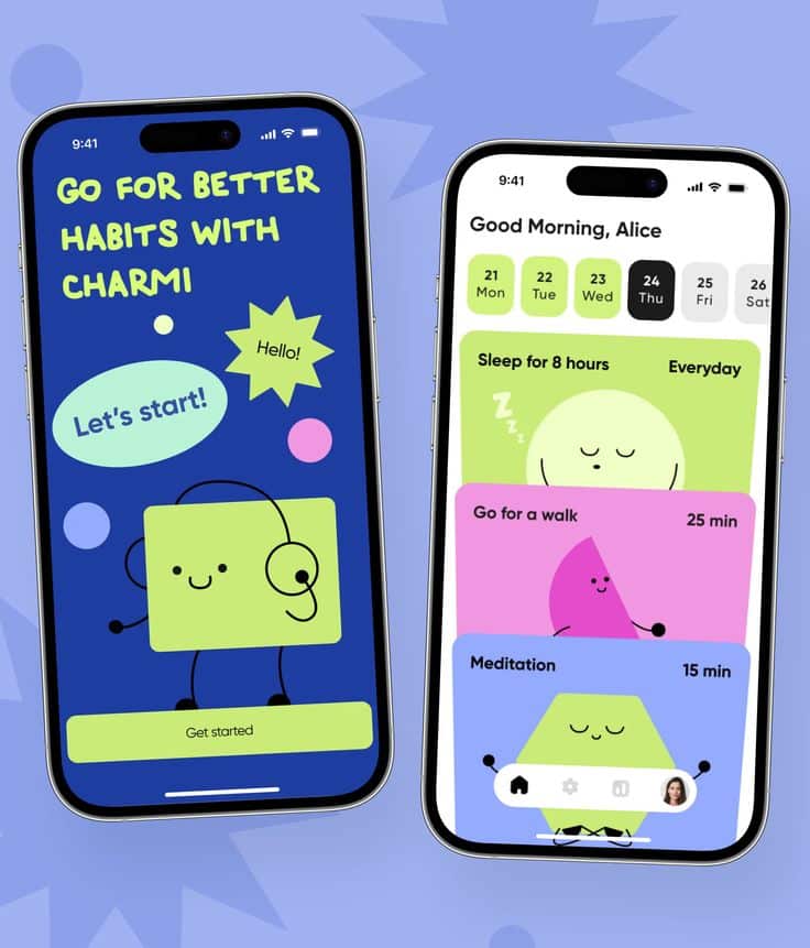 Mobile app interface for habit tracking with playful characters, featuring activities like sleep, walking, and meditation.