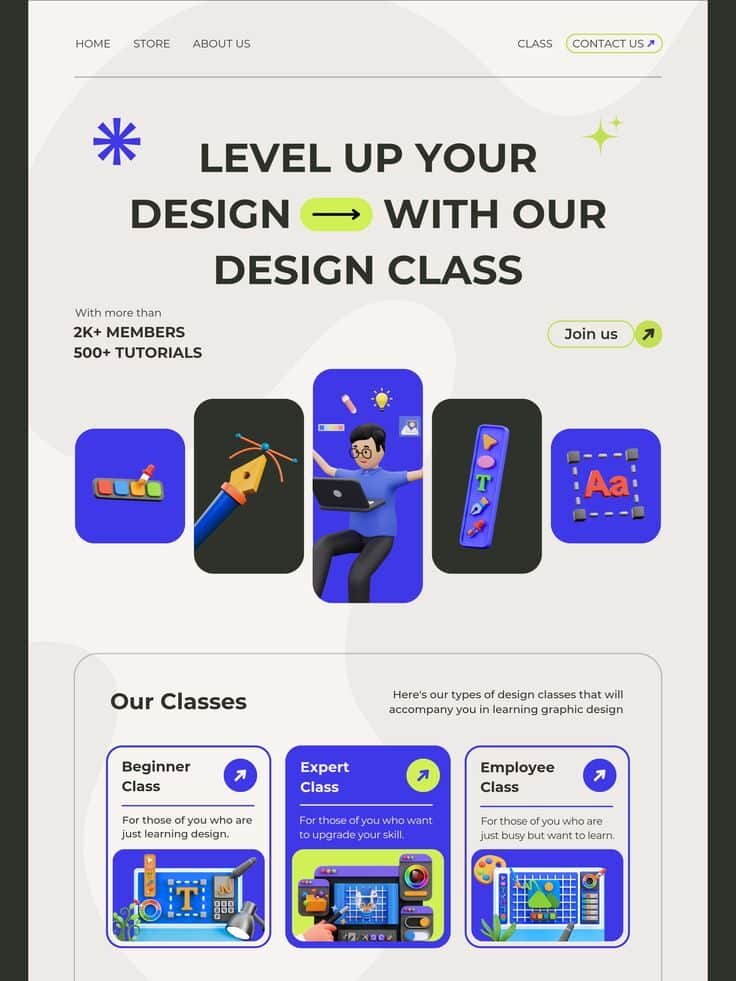 Graphic design class promotion with beginner to expert levels, offering 500+ tutorials and a community of 2K+ members. Join now!