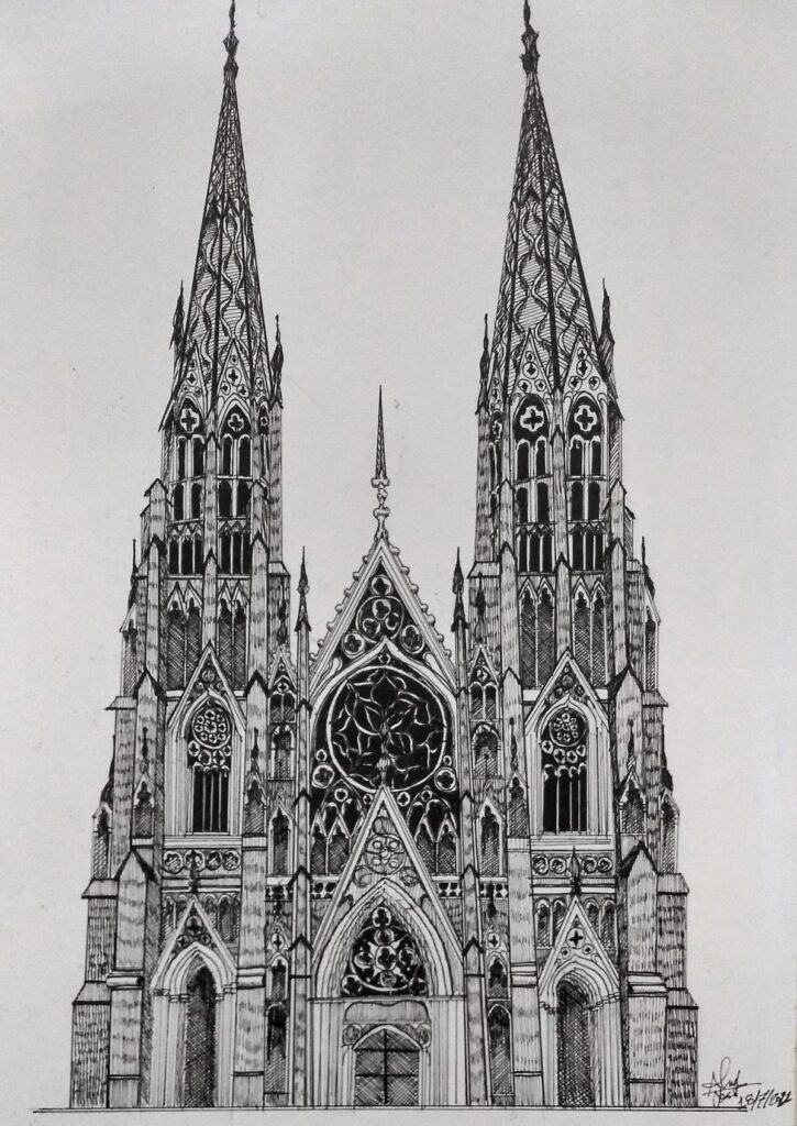 Detailed ink drawing of a Gothic-style cathedral façade with twin spires and ornate architectural elements.