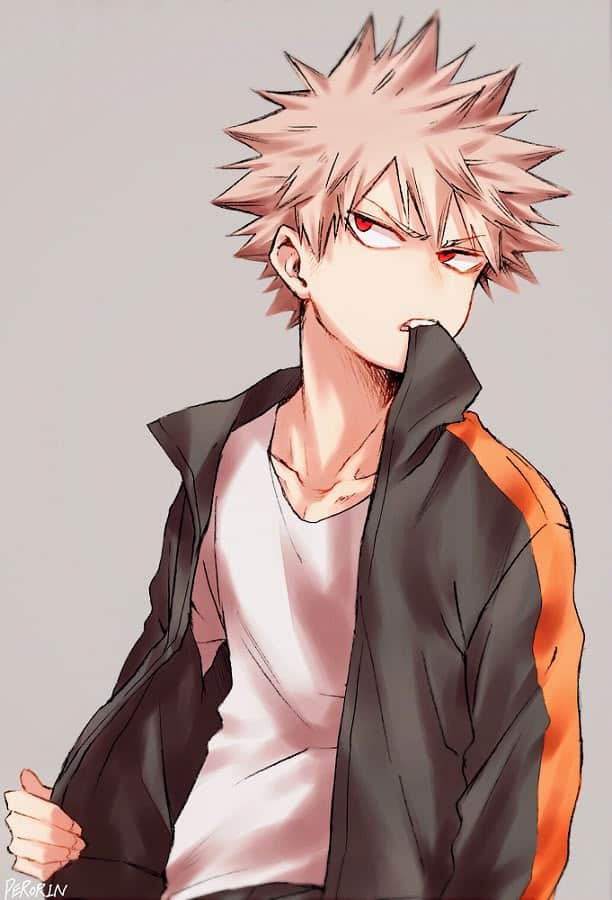 Anime character with spiky hair in a black and orange jacket, striking a confident pose with a serious expression.